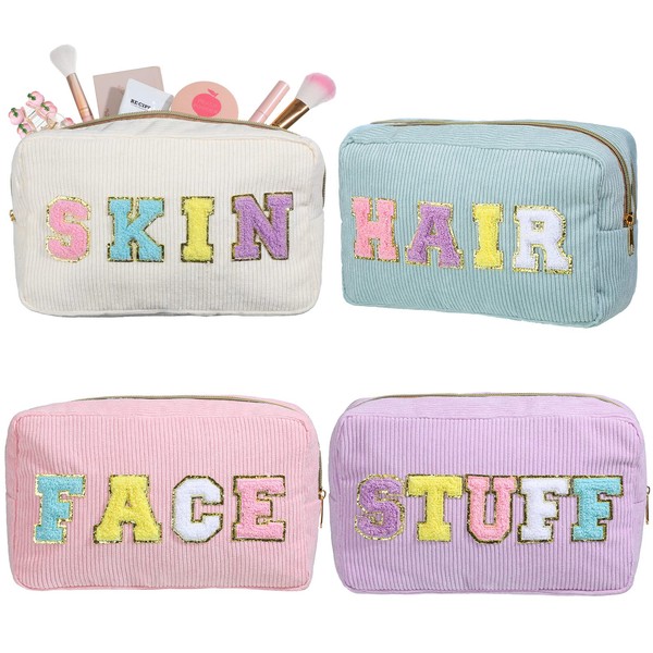 4 Pcs Corduroy Makeup Cosmetic Bags Chenille Letter Patch Cosmetic Small Portable Travel Zipper Pouch Case Aesthetic Storage Makeup Organizer for Women Girls Gift (Fresh)