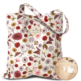 Miss Adola Aesthetic Cotton Tote Bag for Women - Reusable Grocery Bag with Buckle Butterfly Flower Fabric Shoulder Bag for Shopping, Gym, Travel, Work