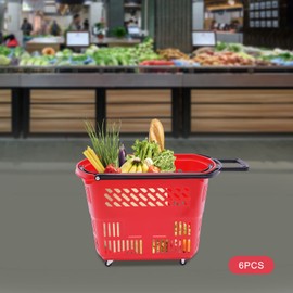 6PCS Shopping Cart, 35L/9.2gal Portable Plastic Rolling Shopping Basket with Wheels and Handles, 110lbs Capacity Grocery Basket Shopping Basket Set for Supermarkets, Retail Stores, Bookstores (Red)