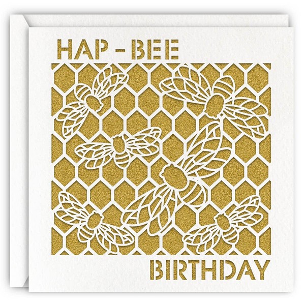Bee Birthday Card, Gold Glitter Laser Cut Greeting Card For Men Woman, Girl Boy