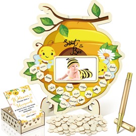 Wenqik 63 Pcs Baby Shower Guest Book Alternatives Set Baby Shower Guestbook with Photo Frame Baby Sonogram Frame Keepsake 60 Wood Slices Guest Book for Birthday (Bee)