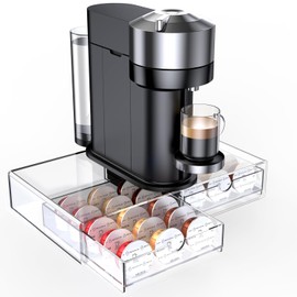 Compact Clear Acrylic Coffee Pods Drawer Organizer Compatible with Nespresso Vertuo Pods, Easy to See the Available Capsules Options, Smooth Pull-Out, Holds 30 Capsules for Small Countertop