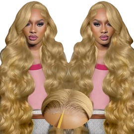 AHUFALU 28 Inch Honey Blonde Wig Human Hair 200% Density 7x5 Blonde Lace Front Wigs Human Hair Body Wave 27# Colored Wear and Go Glueless Wigs Pre Plucked Pre Cut