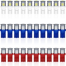 Alopee 30-Pack 194 LED Bulb Multi Color White/Blue/Red Combo 12V DC T10 Wedge Base 5SMD-5050 for 168 921 2825 W5W 158 501 Car Interior Dome Map Door Trunk Lights