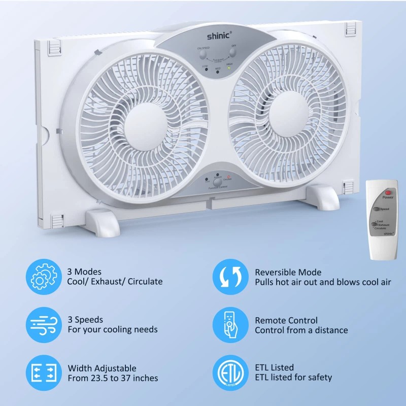 shinic Window Fan with Reversible Airflow Quiet, Twin 9" Blades,