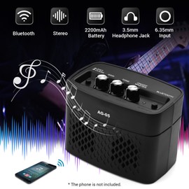 AROMA AG-05 Bluetooth Electric Guitar Amp Amplifier 5-Watt Stereo Output Distortion Gain Tone Control 3.5mm Monitoring 6.35mm Input with Rechargeable 2200mAh Battery