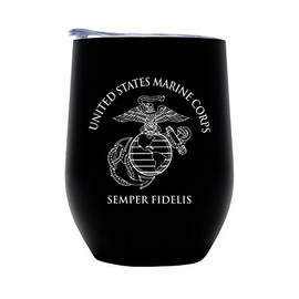 USMC Steel Stemless Wine Glass Tumbler, 12 oz Double Wall Vacuum Insulated âMatte Black with Marine Corps logo and Lid