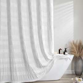 OWENIE White Shower Curtain, Farmhouse Rustic Striped Textured Fabric Shower Curtain for Bathroom, Hotel Style, Machine Washable, White, 72x72 inch