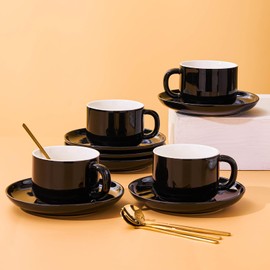 CHILDIKE Porcelain Coffee Cups and Saucers Set of 4 Black, 8 Ounce Coffee Cup for Cappuccino, Latte, Cafe Mocha, Espresso