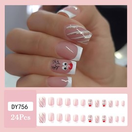 White French Tip Press on Nails Christmas Medium Square False Nails Cute Deer Fake Nails with Design Glossy Artificial Nails Medium Length Acrylic Glue on Nails Winter Xmas Stick on Nails for Women