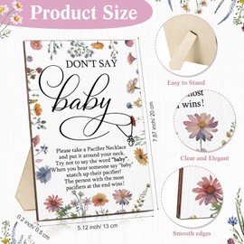 Geetery 51 Pcs Don't Say Baby Game Sign Floral Baby Shower Game, Wooden Don't Say Baby Sign 50 Pcs Plastic Baby Pacifier Necklaces Baby Gift Sets Gender Reveal Party Favors for Baby Game (Wildflowers)
