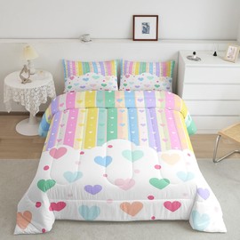 Feelyou Pretty Rainbow Bedding Set for Kids Boys Girls Colorful Love Heart Comforter Full Size Dot Comforter Set Bedroom Decor Kawaii Quilt Set Bedding Collection 3Pcs