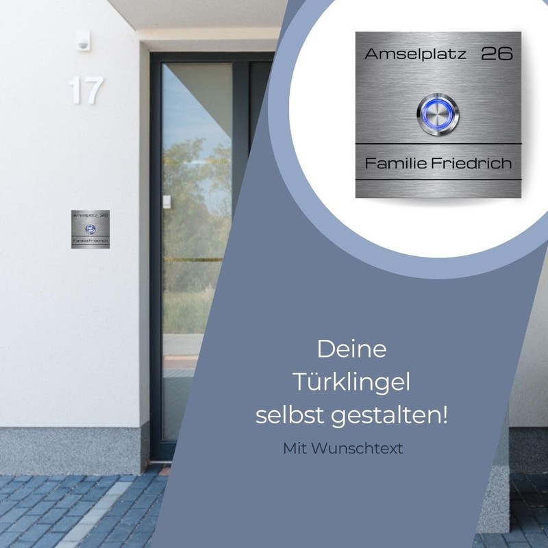 Robust doorbell made of stainless steel with desired text and