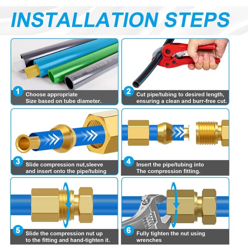 Breezliy 1/4 Inch OD Brass Compression Insert,Sleeve Ferrule,Nut 75PCS