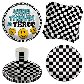 Vibin Thrivin' and Three Smiley Face 3rd Birthday Party Supplies - 64 Piece Boys Third Birthday Tableware Set Includes Large 9" Dinner Plates and 8" Dessert Paper Plates Napkins Cups - Kit for 16