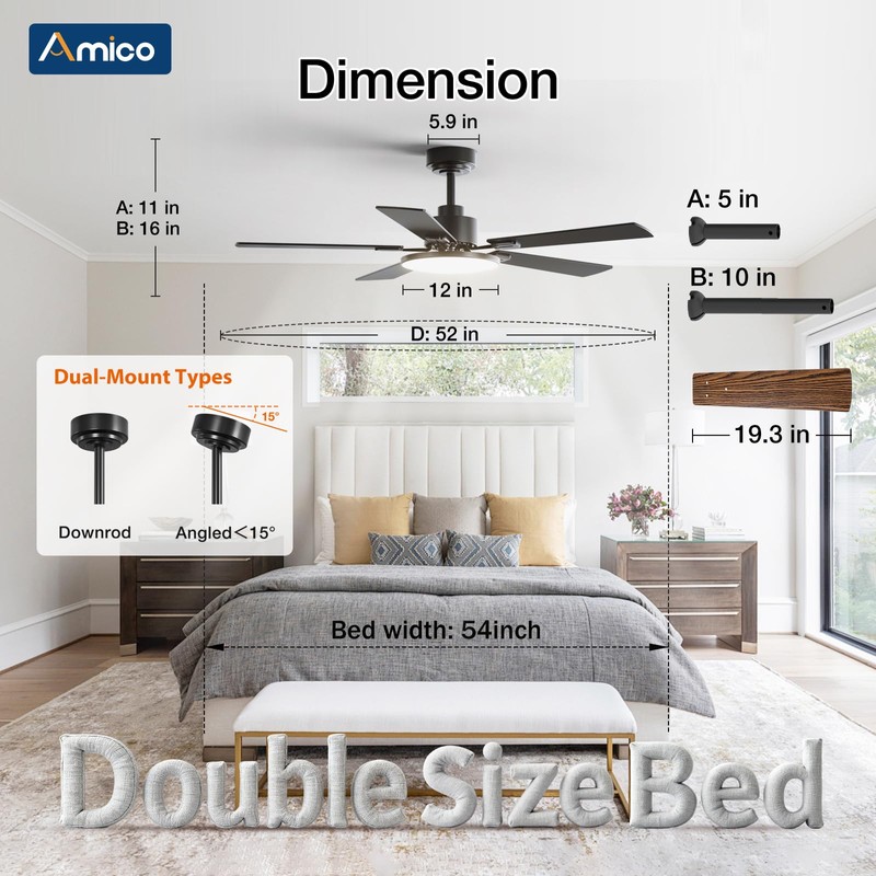 Amico 52 Inch Smart Ceiling Fans with Lights, Downrod Mount,