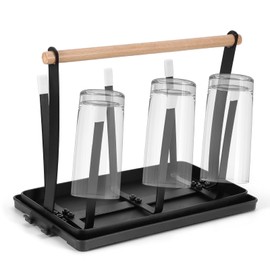 Bottle Holder for Sodastream, 6 Drainer Bottles with Wooden Handle and Drip Tray, Bottle Drainer, Black Drip Stand for Bottles/Cups/Coffee Cups