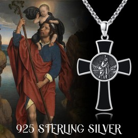 St Christopher Necklace for Men, 925 Sterling Silver Cross Black Onyx/Blue Turquoise Necklace Antiqued Religious Pendant Men Necklaces Talisman Jewellery Graduation Gifts