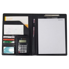 SUGGEST Clipboard Binder with Calculator A4 Size A4 Bi-Fold Faux Leather Black Office Business Meeting