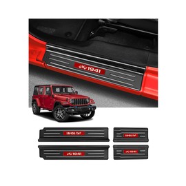 Bercicci 4PCS Door Sill Guards for Jeep 2018-2025 Wrangler JL JLU & 2020-2025 Gladiator JT Accessories Stainless Steel Material Red Trim Door Sill Protector Carbon Fiber Front Rear Door Entry Guard
