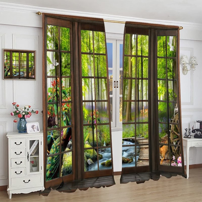 AuiMzoo Landscape Curtains, 3D Window Spring Forest Wildlife Nature Scenery,