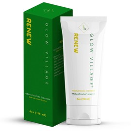 Glow Village Renew Gentle Facial Cleanser with Botanical Hyaluronic Acid | Vegan, Organic | Deep Cleansing, Blemish-Fighting | For Sensitive and Combination Skin| Fragrance Free | 4 oz