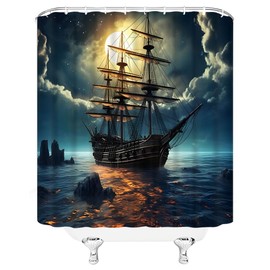 Pirate Ship Shower Curtain Nautical Vintage Ghost Sailboat Sailing Fantasy Ocean Full Moon Adventure Theme Men Boys Fabric Bathroom Decor Curtain with Hooks 70" Wx70 H