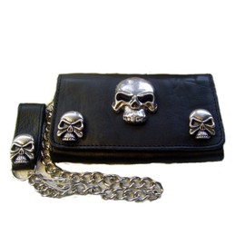 Biker Leather Wallet Skull XXL Black Leather, black, Classic skull