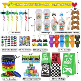 159 Pcs Video Game Party Favors, Gamer Gaming Party Favors - Drinking Straws Cups Slap Bracelets Keychains Gift Tags Stamps Stickers Gift Bags for Game On Birthday Party Favor Supplies