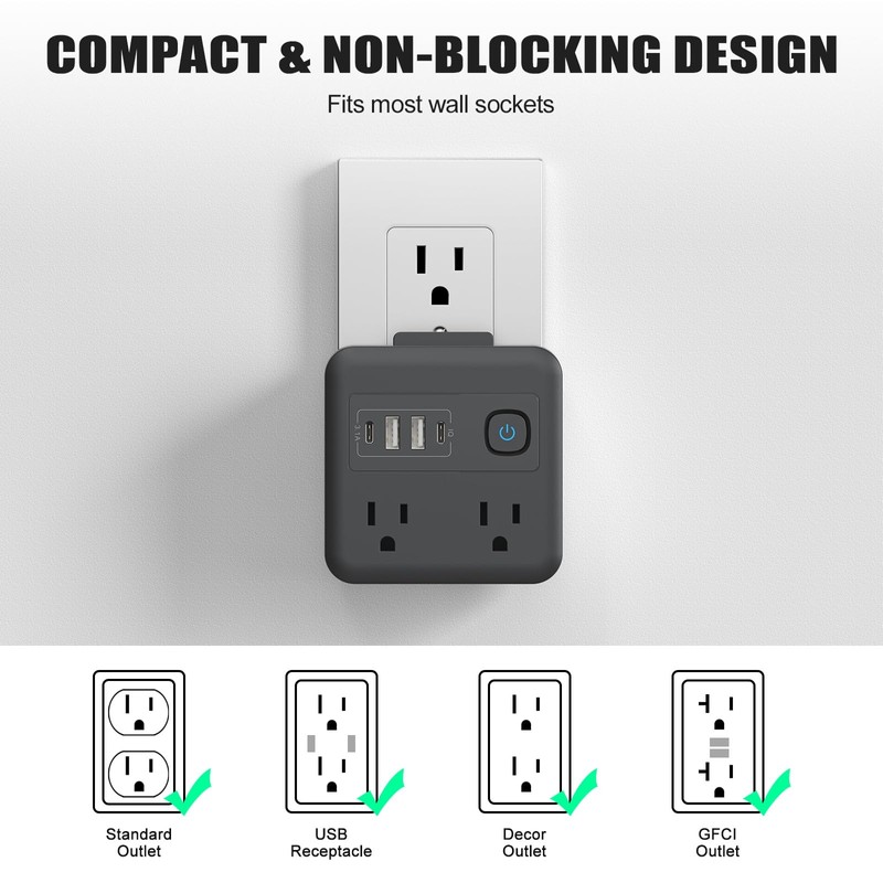 Multi Plug Outlet Extender with 2 USB-A + 2 USB-C