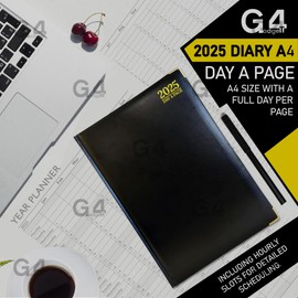 G4GADGET Premium 2025 Day A Page FSC-Certified Paper Gilt Edges Diary A4 Black 30cmx21cm