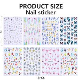Kotkiddy Butterfly Nail Art Stickers Colourful Flower Water Transfer Nail Decals Summer Nail Art Accessories for Acrylic Nails DIY Decoration Manicure Set 8 Sheets