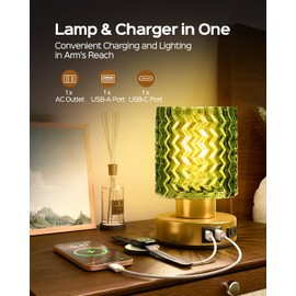 JACKYLED Touch Bedside Lamp with USB-C, USB-A & AC Outlet, 3-Level Dimmable Warm White Light, Small Plug-in Table Lamps for Nightstand, Bedroom, Living Room, Home Office, Dorm(Wave Glass Shade