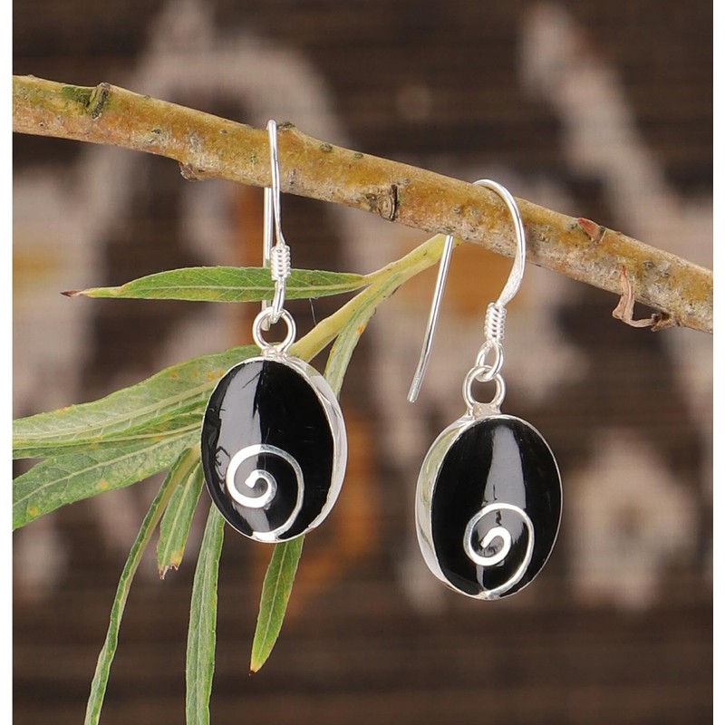 GURU SHOP Red Oval Ethnic Silver Spiral Earrings