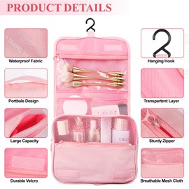 Travel Hanging Toiletry Wash Bag, Makeup Bag Cosmetic Organizer, Waterproof Wash Bag with Hanging Hook, Foldable Cosmetics Storage Bag for Girls Women Pink