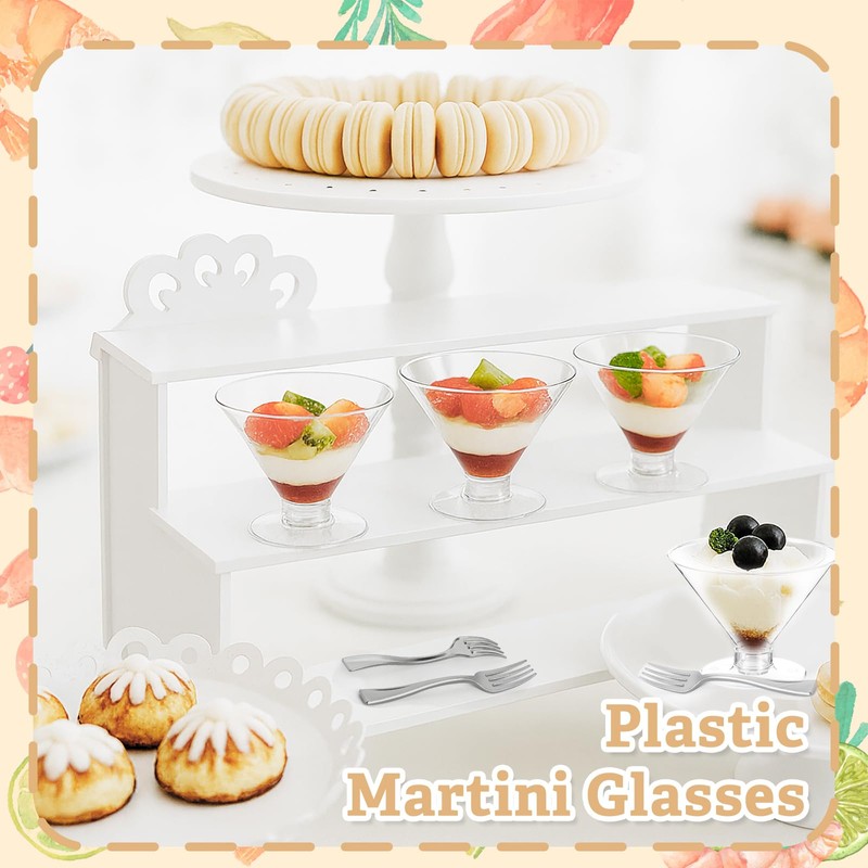 100 Pack Plastic Martini Glasses Disposable with Mini Silver Forks,