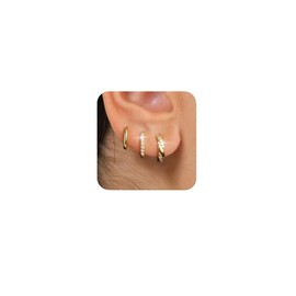 ZHESHY Gold Earrings Set Women's 3 Pairs 14K Gold-Plated Silver 925 Small Hoop Earrings Hanging Earrings with Zirconia Waterproof Hypoallergenic Golden Stud Multiple Piercings Jewellery for Women,
