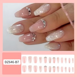 CJDLTS Rhinestones Press on Nails Medium Ballet Shaped Silver Glitter Powder Design Pink Gradient Acrylic Fake Nail Full Cover Glossy Artificial Fingernails Reusable Glue on Nails for Women 24Pcs