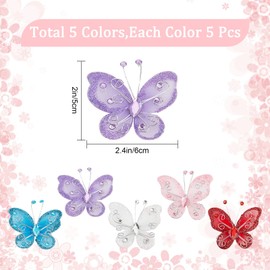 GORGECRAFT 25 Pieces 5 Colours Organza Butterflies with Wire and Rhinestone Fabric Butterfly Decoration Glitter Nylon Mesh Butterflies Lace Trim for Wedding Party Clothing Ornaments Crafts