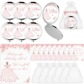 Menkxi 24 Sets Quinceanera Party Favors for Guests Mis Quince Compact Pocket Mirrors and Quinceanera Cards with Organza Bags for 15 Years Sweet Mis Quince Birthday Party Favor (Pink)