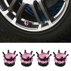 4PCS Crown Tire Valve Stem Caps - Bling Handmade Crystal Rhinestone Dustproof Cover Car Wheel Valve Caps - Attractive Chrome Crown Tire Air Cap Universal Stem Covers for Car SUV Truck (Black/Pink)
