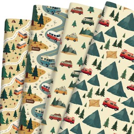 12 Sheets RV Camping Wrapping Paper - Forest Mountain Road Vehicle Campfire Design, Adventure Road Trip Gift Wrap for Travel Party Decor, Folded Flat, 19.7 x 27.6 Inch