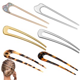 6 PCS U-shaped Acetate Hairpins and Metal Hairpins French Hairpin Vintage Hair Fork for Women Girls Hairstyle Accessories(Gold, Silver, Tortoise Shell)