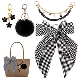 DSWSPTG Tote Bag Decor Kit, Bag Charms Chain kit for Handbags, Tote Bags Decoration, Tote Bag Accessories with Checkerboard Bow Pom Pom Charm and Layered Chains, for DIY Bag Styling (Black and White)