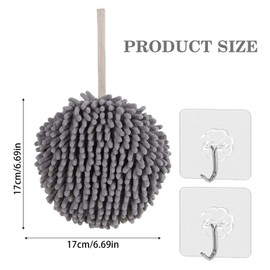 SHUOHONG Pack of 2 Absorbent Hanging Towels, Small, Towel, Soft Chenille Small Towels, Hand Towel, Microfibre Towel Drying Absorbent Towel Ball for Kitchens and Bathrooms (Grey)