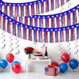 4th/Fourth of July Patriotic Decorations Set-2Packs 39 Feet Red White and Blue Foil Fringe Garland Tinsel Streamers and Hanging Swirls Memorial Day Patriotic Independence Day Parade Float Decoration