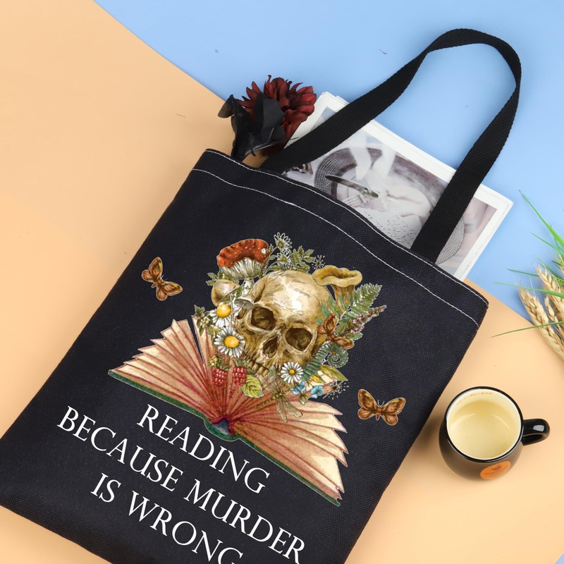 Skull tote bag Reading Because Murder Is Wrong Gifts For