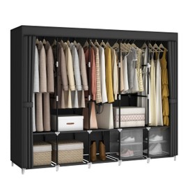 MOGELAFOO 83 Inch Wide Portable Closet Wardrobe, Clothes Storage Rack Organizer with Cover, 5 Clothes Hanging Rods and 10 Storage Shelves, Black