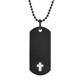 Men's Diamond Accented Black Stainless Steel Cross Dog Tag Pendant on Twisted Cuban Chain Necklace - 24”