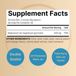 NatureBell Magnesium Glycinate Powder 500mg, 1lb (16oz) | 100% Chelated for High Absorption | Peach Mango Flavor | Supports Muscle, Bone & Heart Health | Sugar-Free, Bitterless, Non-GMO, Vegan